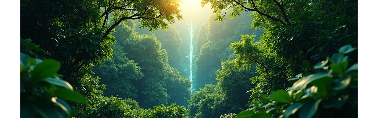 Abstract blockchain network overlaying a rainforest canopy, symbolizing secure, eco-conscious data privacy.